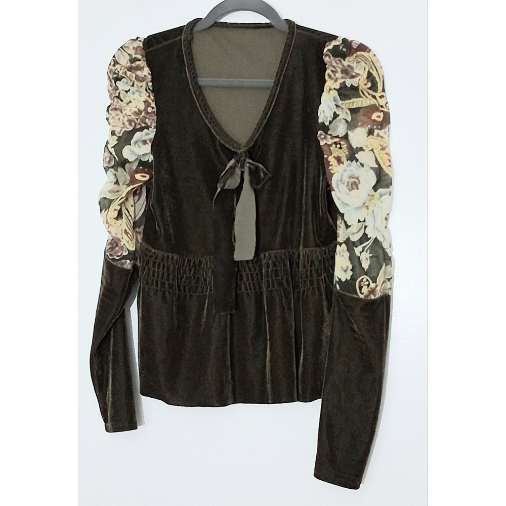 Olive Green Top XS* Velvet Puff Sheer Sleeves Floral Pullon Tie Front Y2K Boho‎